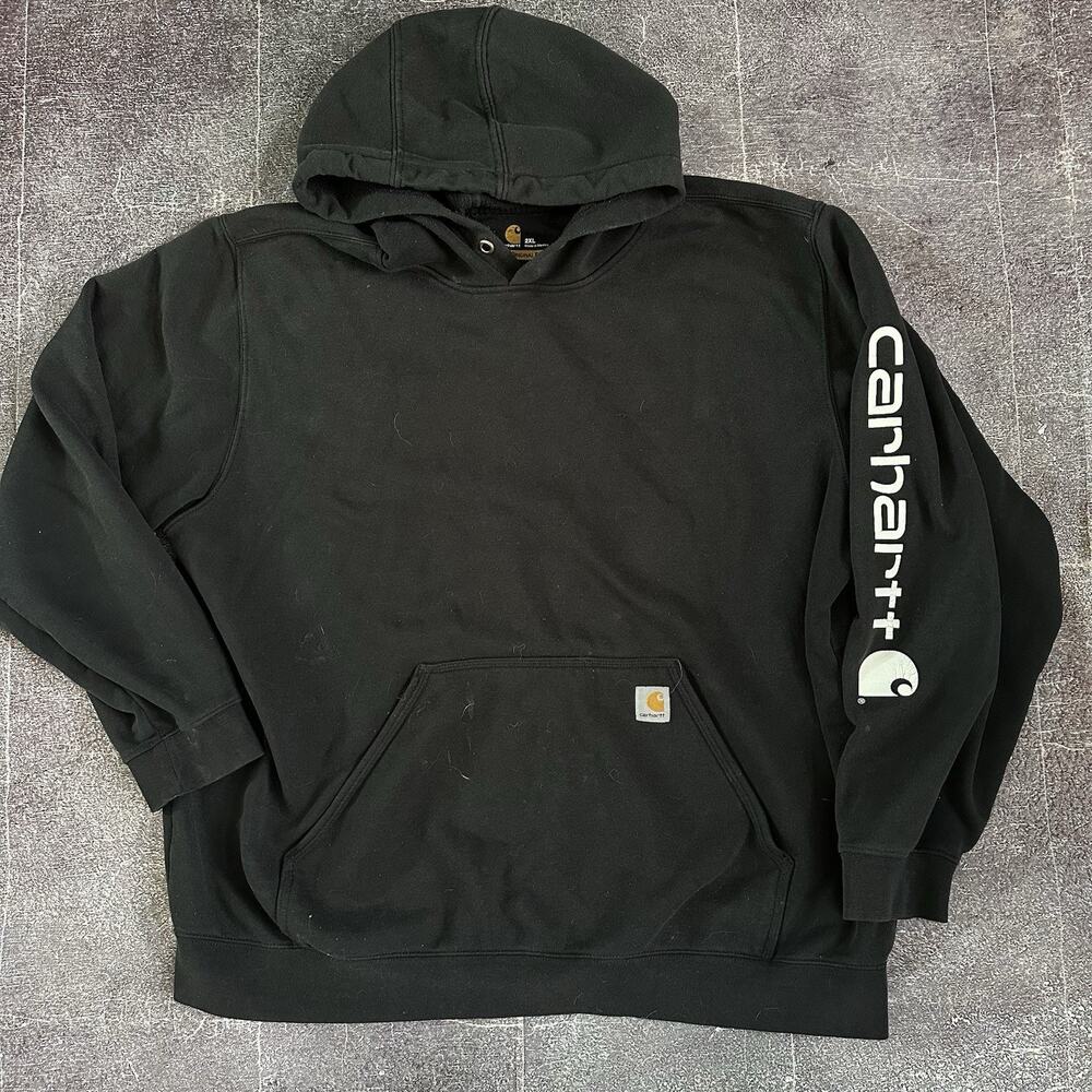 Men's Carhartt Midweight Black Logo Sleeve Hoodie Pullover Sweatshirt Sz 2XL XXL